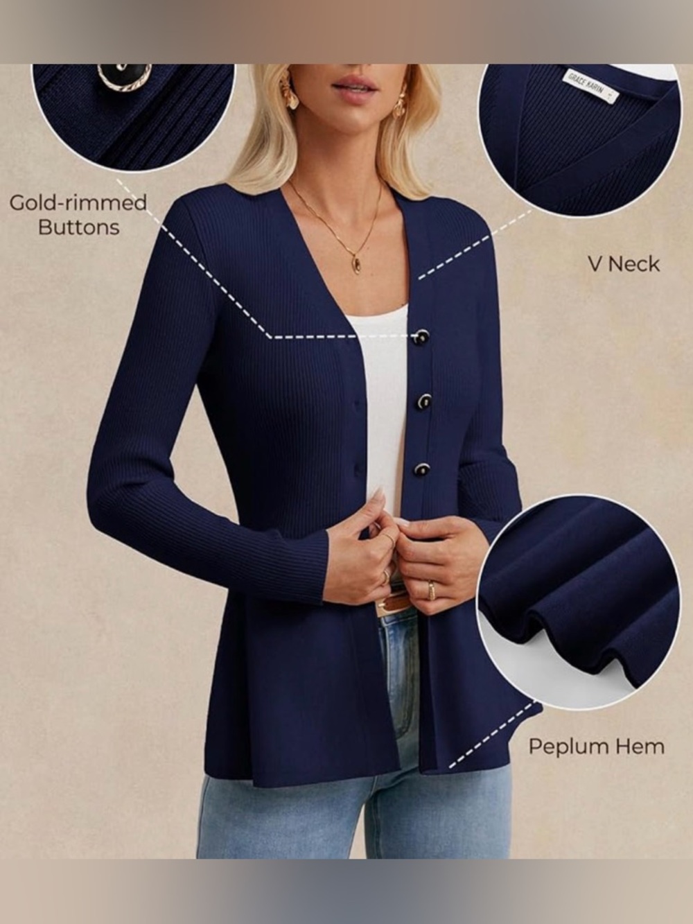 Navy Ribbed Peplum Button Front Top - Picture 2 of 4